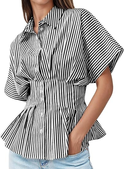 Tankaneo Womens Striped Peplum Business Tops Casual Office Shirts Blouses | Amazon (US)