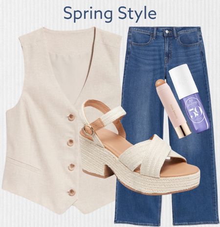 Spring outfit idea, linen vest, wide leg jeans, platform sandals, favorite Sephora products 
#LTkbeauty 
Spring style, spring trends, 

#LTKxSephora 

#LTKstyletip #LTKsalealert #LTKfindsunder50 #LTKSeasonal