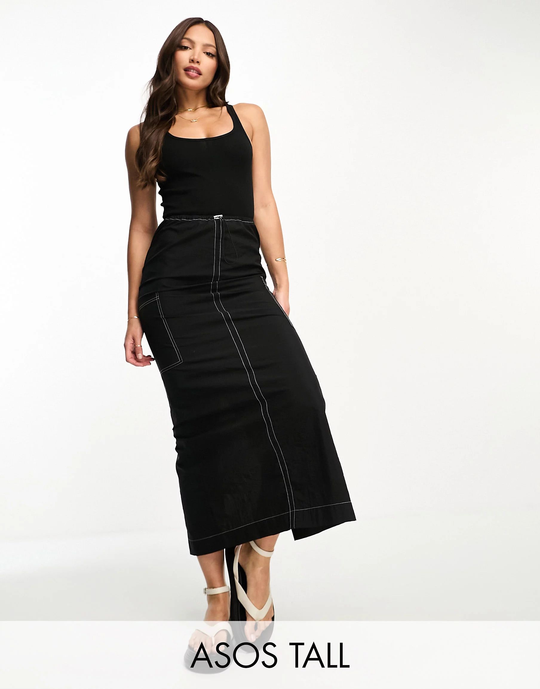 ASOS DESIGN Tall 2 in 1 ribbed scoop neck vest with cargo midi dress in black with contrast stitc... | ASOS (Global)