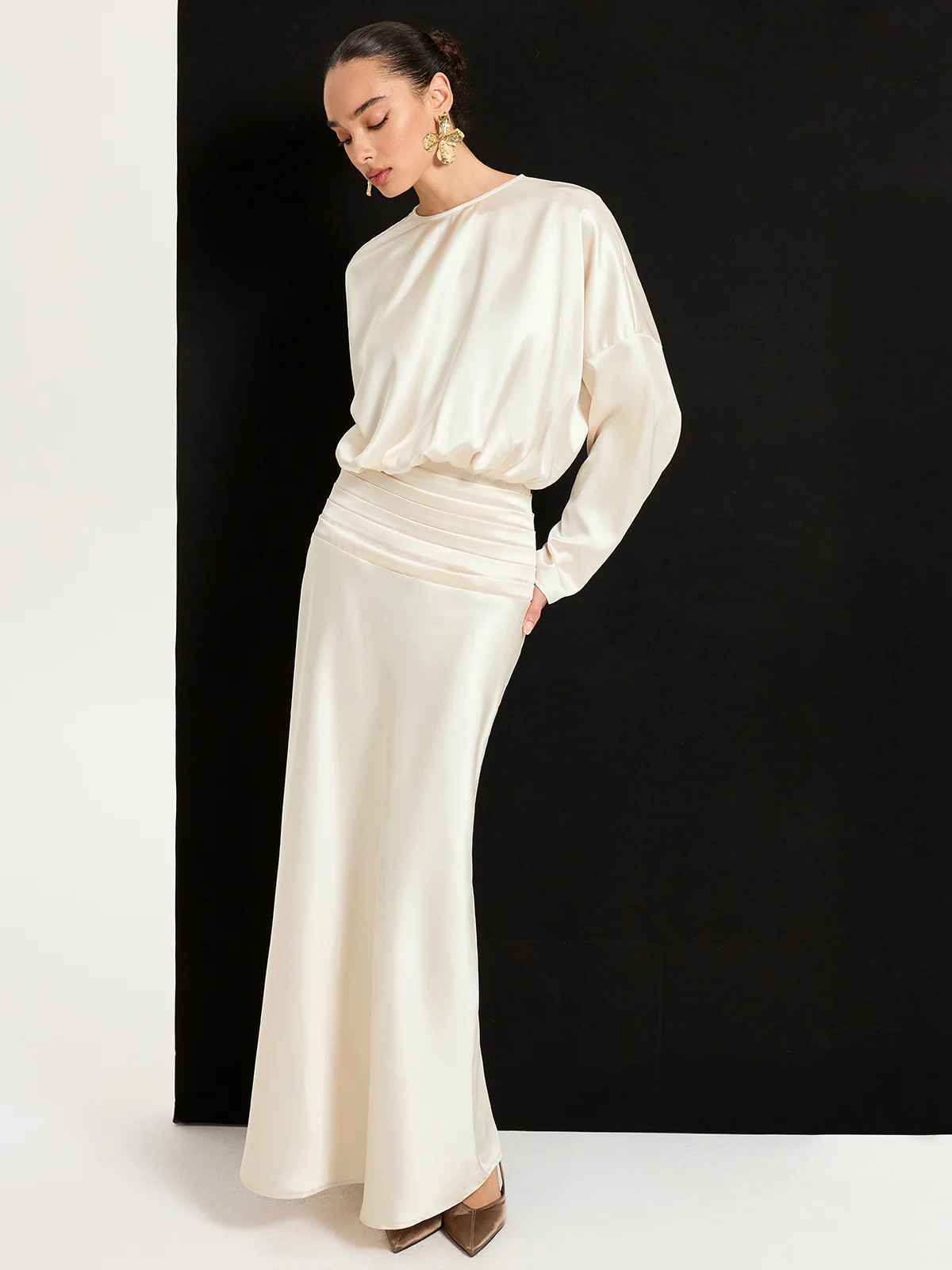 Satin Long Sleeve Pleated Waist Maxi Dress | Commense