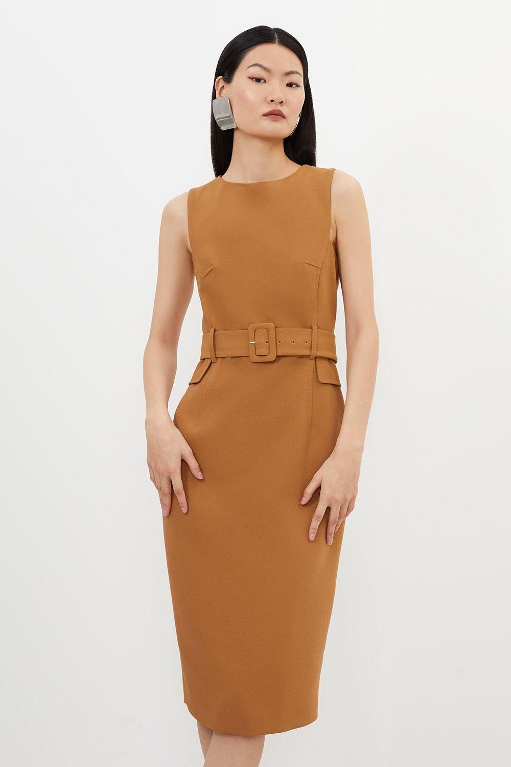 Compact Stretch Belted Tailored Midi Pencil Dress | Karen Millen US