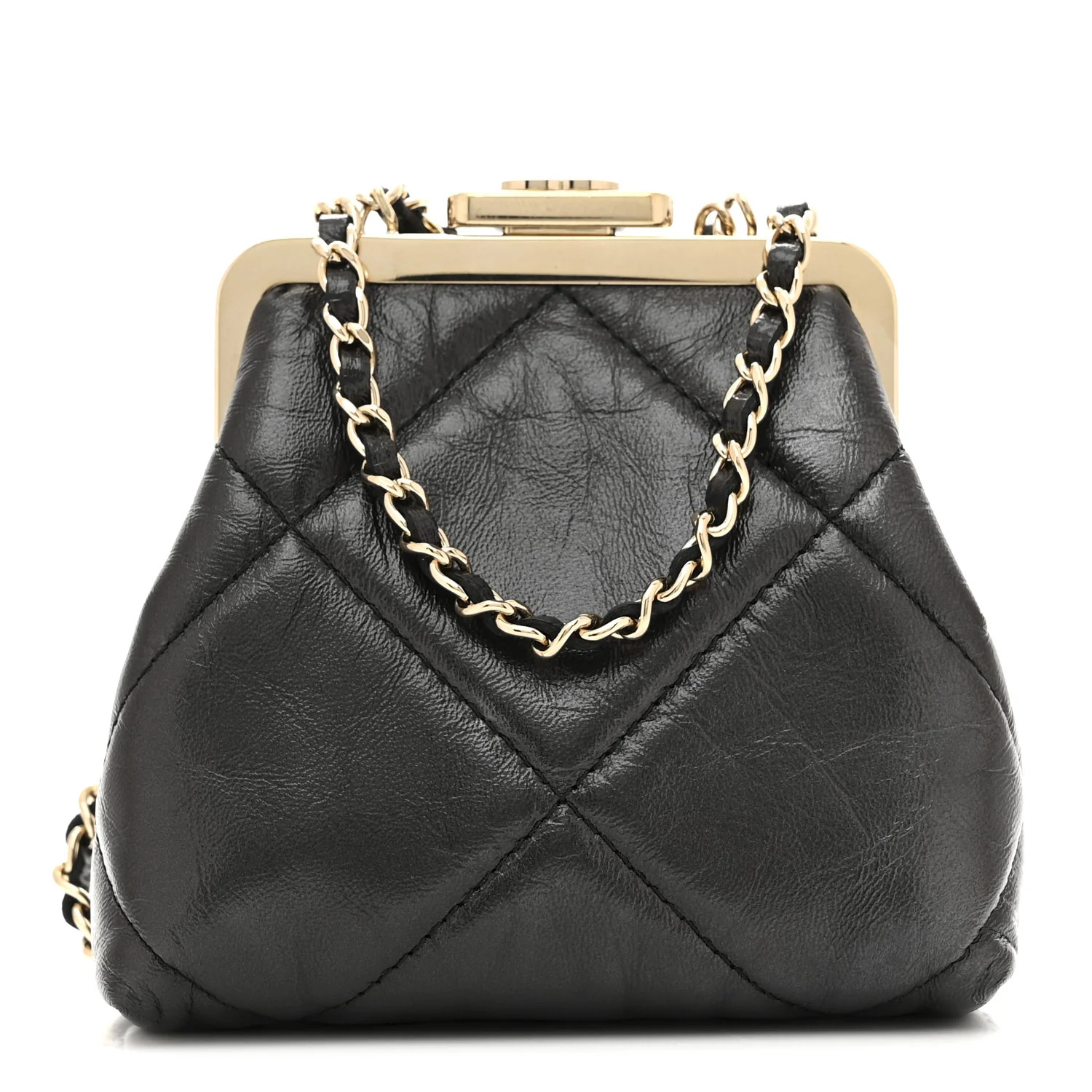 Chanel Shiny Aged Lambskin Quilted Kiss Lock Clutch With Chain Black 1775401 | FASHIONPHILE (US)