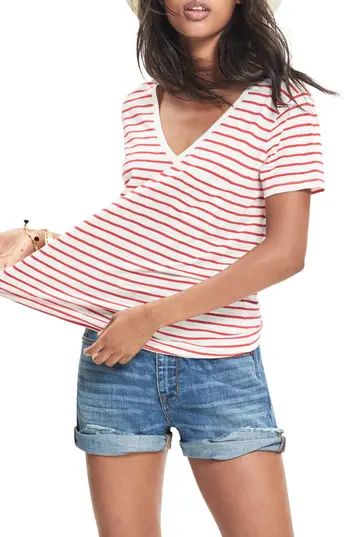 Women's Madewell Whisper Cotton Stripe V-Neck Tee, Size XX-Small - Red | Nordstrom
