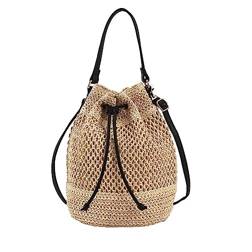 Bucket Straw Handbag, Summer Beach Tote Bag with Drawstring, Woven Handbag Rattan Shoulder Crossbody Basket Purse for Women | Amazon (US)