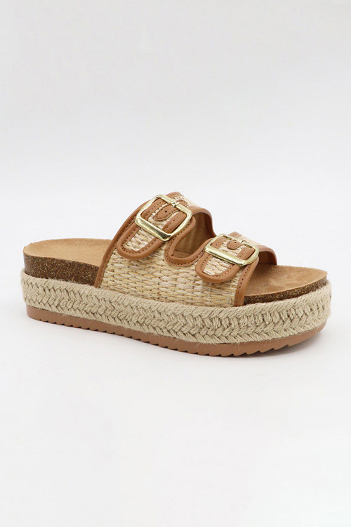 Crochet Embroidered Double Strap Buckle Platform Espadrille Sandals Flatform-Beige | Fashion Junkee
