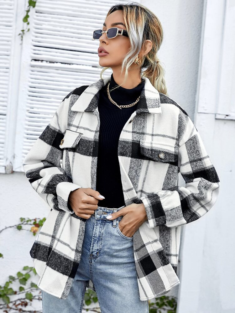 Drop Shoulder Plaid Overcoat | SHEIN