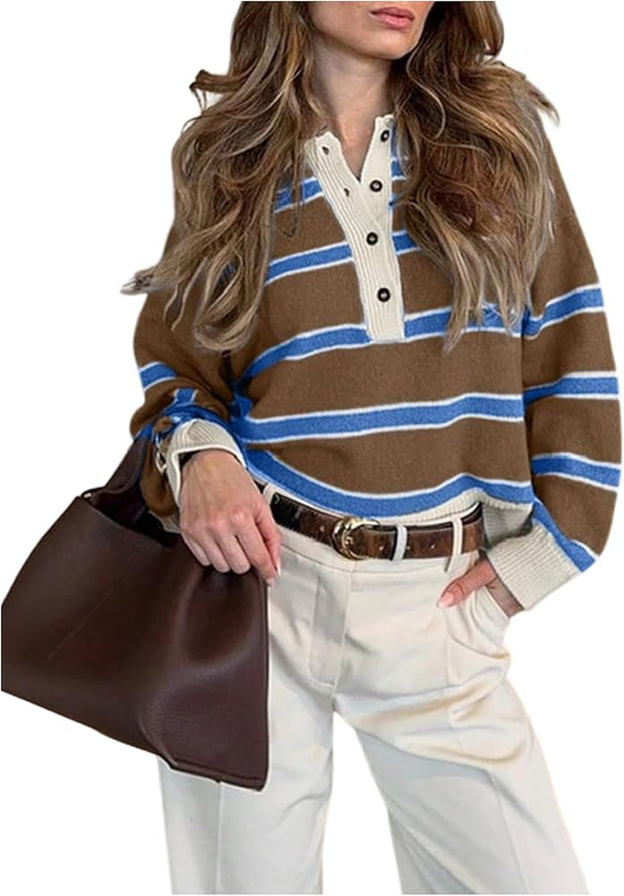 MakeMeChic Women's Striped Rugby Shirt Button Down Long Sleeve Preppy Sweater Knit Winter Pullove... | Amazon (US)
