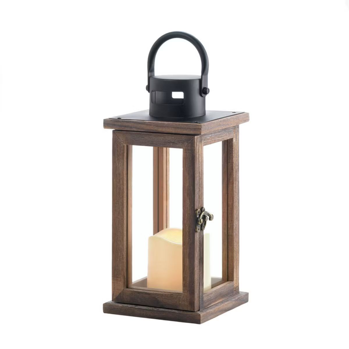 7.1" Wood Lodge Outdoor Lantern with LED Candle Brown - Zingz & Thingz | Target