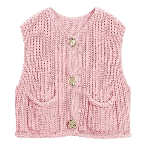 Hixiaohe Womens Crochet Chunky Knit Top Sleeveless Button Down Crop Tops Trendy Cardigan Sweater Vest for Women with Pockets(Pink,L) | Amazon (US)