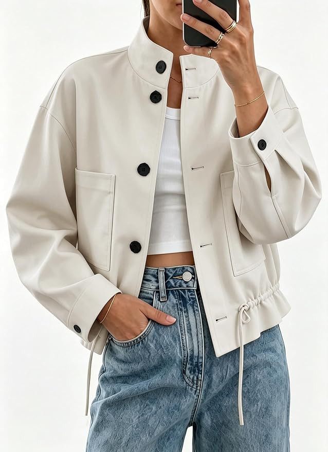 Womens Funnel Neck Jackets Fall Casual Ruffle Hem Cropped Coats | Amazon (US)
