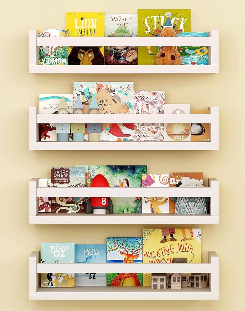 Onlysky Set of 4 Wall-Mounted Kid's Bookshelf - White Floating Nursery Book Shelves - Durable Woo... | Amazon (US)