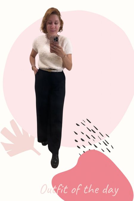 Fluffy-knit Top and flowy pants 

Pants: wearing size 4
Top: wearing size Medium hub 