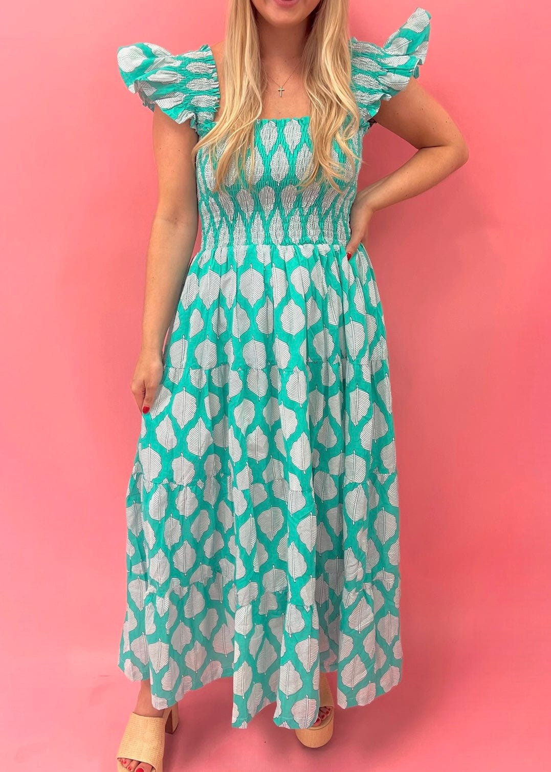 Trunk Show green leaf print smocked maxi | Mulberry & King