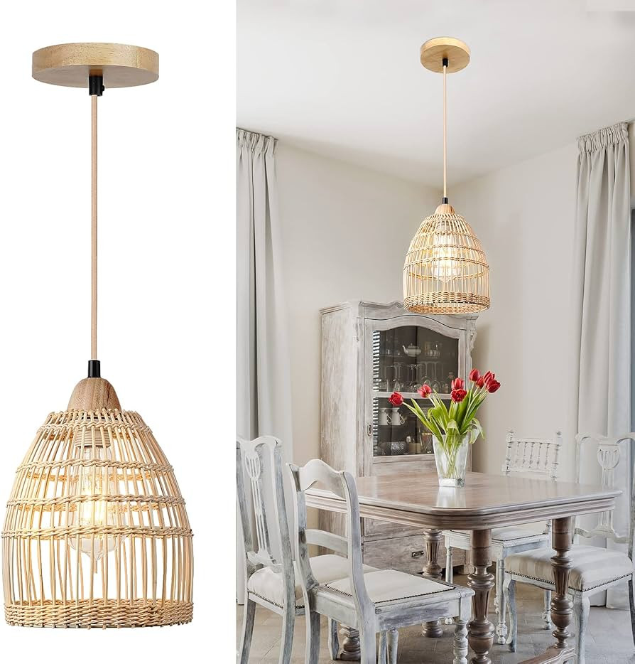 FRIDEKO HOME Pendant Lights Kitchen Island - Rattan Pendant Lights Boho Light Fixture Bamboo Wick... | Amazon (US)