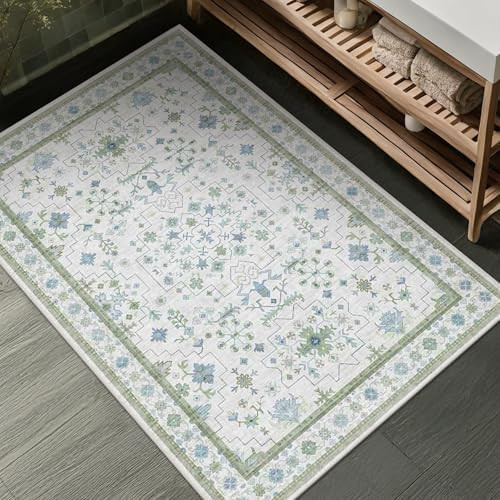 Washable Boho Bathroom Rug 2x3 - Small Throw Area Rugs for Powder Room, Laundry, Kitchen, Blue an... | Amazon (US)