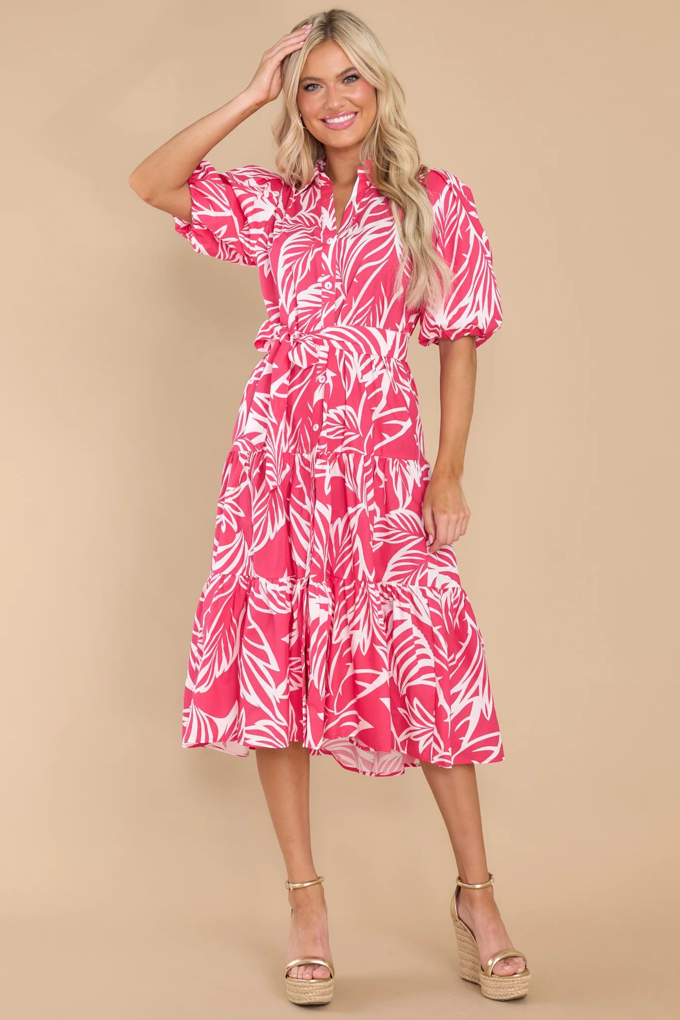 Blushing Beauty Fuschia Print Midi Dress | Red Dress 