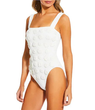 x Amanda Jones Vaughan Macon 3D Floral Textured Square Neck One Piece Swimsuit | Dillard's
