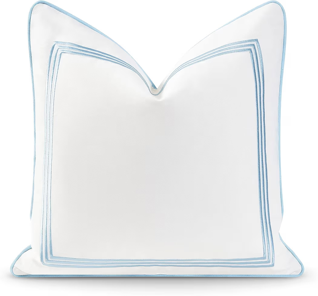Hofdeco Premium Coastal Hampton Style Patio Indoor Outdoor Pillow Cover Only, 20"x20" Water Resistant for Backyard, Couch, Baby Blue Embroidered Square Line | Amazon (US)
