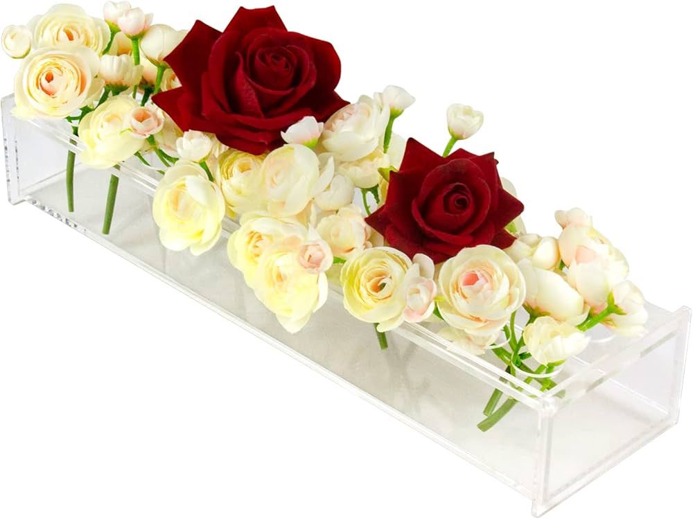 Clear Acrylic Flower Vase, 15.7 Inch Long Rectangular Floral Arrangements Decorative Centerpiece, Modern Flower Box Water Pot for Weddings Home Decor Valentines Present | Amazon (US)