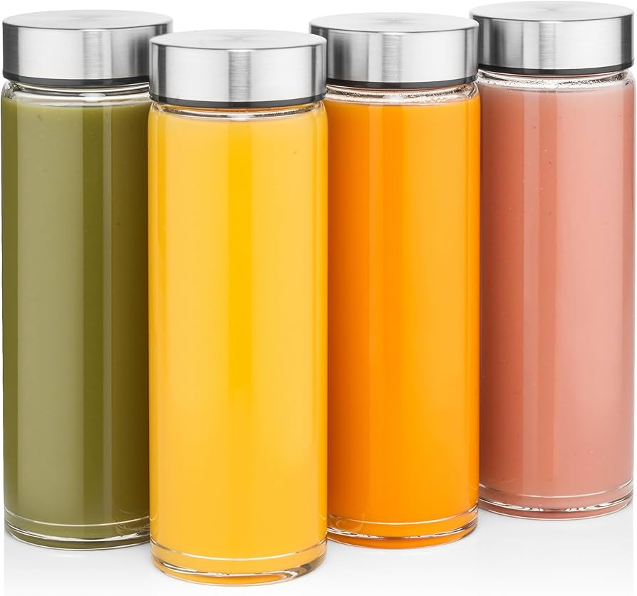 Juice Bottles - 4 Pack Wide Mouth Glass Bottles with Lids - for Juicing, Smoothies, Infused Water... | Amazon (US)