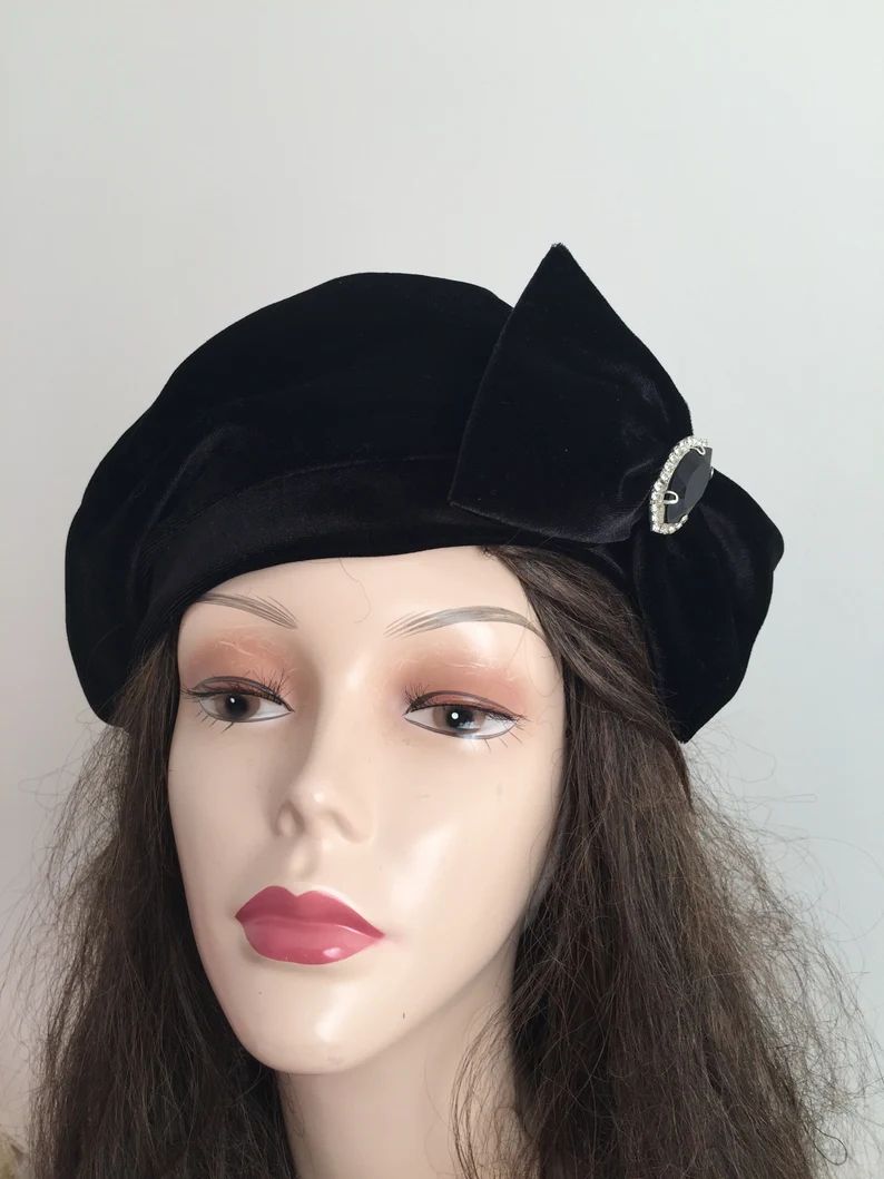 Black Velvet Beret With a Bow Tam French Warm Winter Hat | Etsy | Etsy (US)