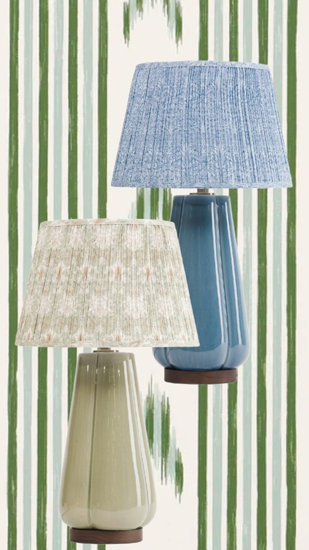 A charming pair of pleated table lamps featuring hand-painted floral fabric shades and glossy ceramic bases in soft blue and sage green.

#LTKHome