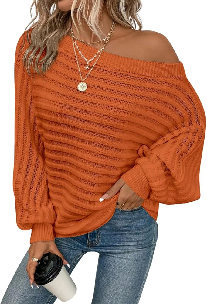 ZAFUL Womens Fall Sweaters Off The Shoulder Batwing Sleeve Textured Knit Tops Oversized One Shoul... | Amazon (US)