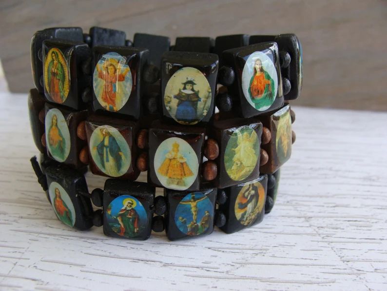 Wooden Saints Bracelet - Wood Dark Cherry Black Brown Light Jesus Christ Mary St. Catholic Beads ... | Etsy (US)
