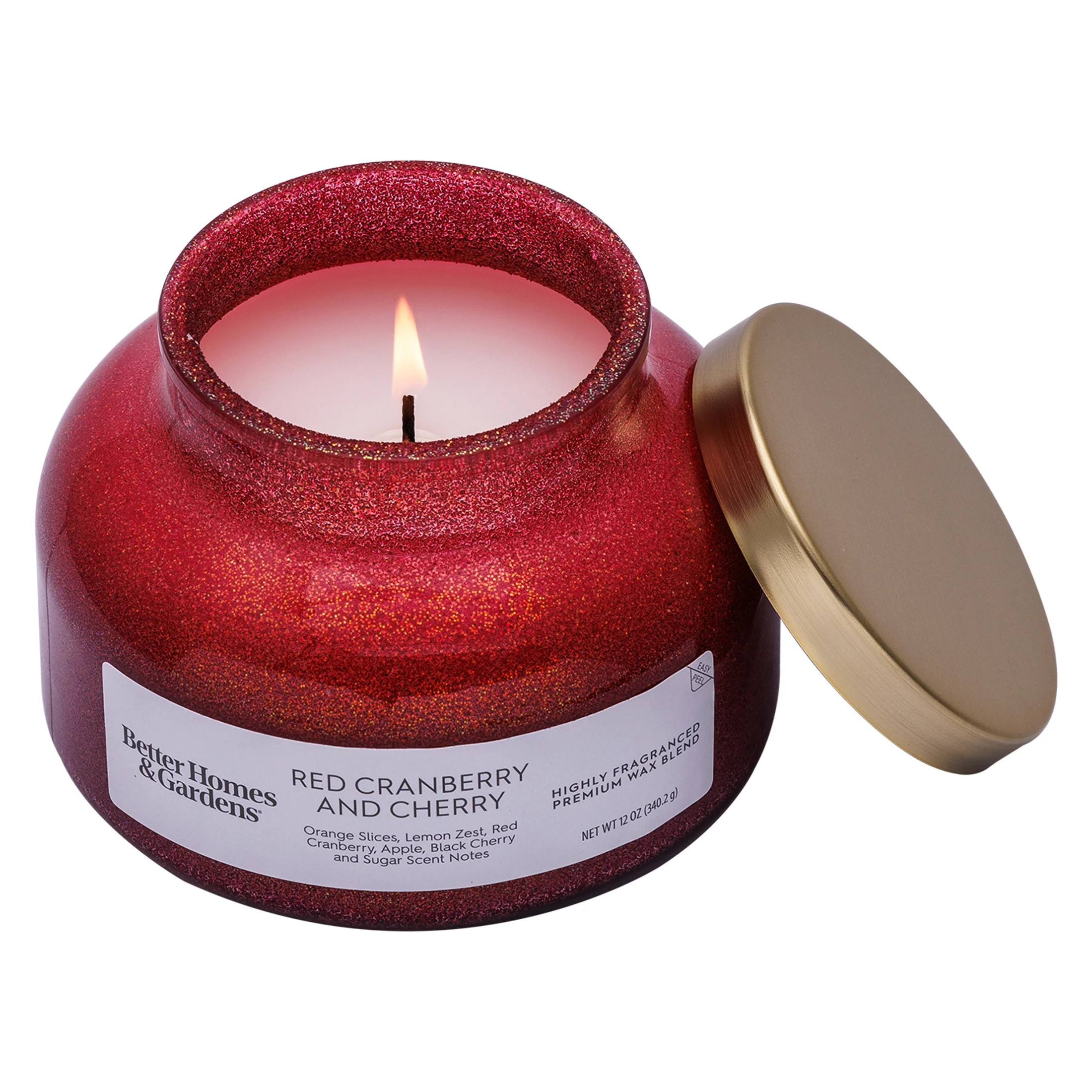 Better Homes & Gardens 1-Wick Holiday Scented Glitter Jar Candle, Red Cranberry and Cherry, 12oz. | Walmart (US)