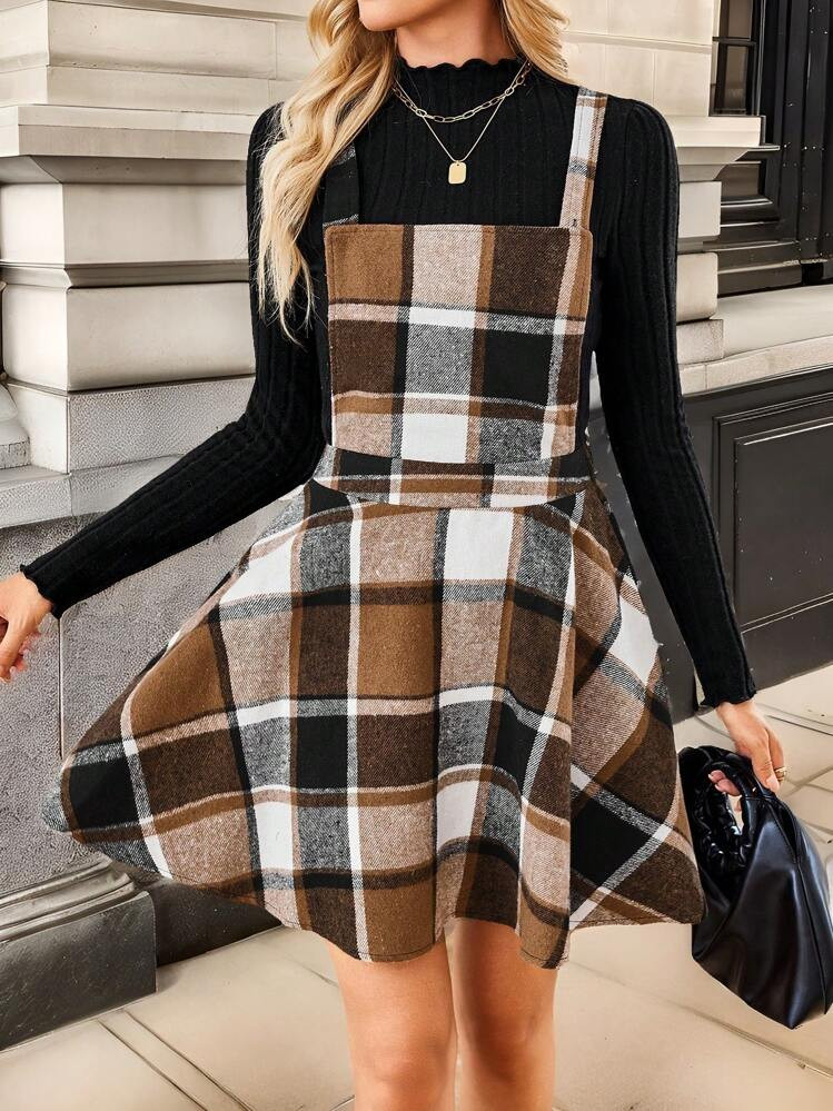 SHEIN LUNE 1set Women Casual Knit Stand Collar Long Sleeve T-Shirt + Retro Plaid Print Pinafore Dress Fall Cloth For Women | SHEIN