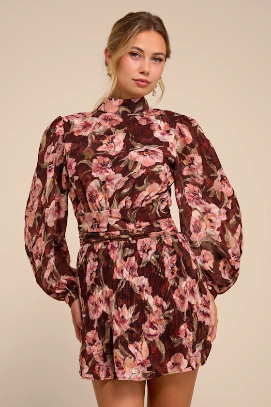 Ayveen Brown Floral Burnout Balloon Sleeve Mini Dress | Lulus