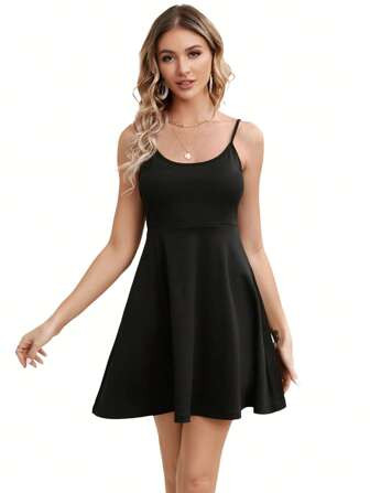 SHEIN LUNE Solid Flare Hem Cami Dress, Semi Formal Dress | SHEIN