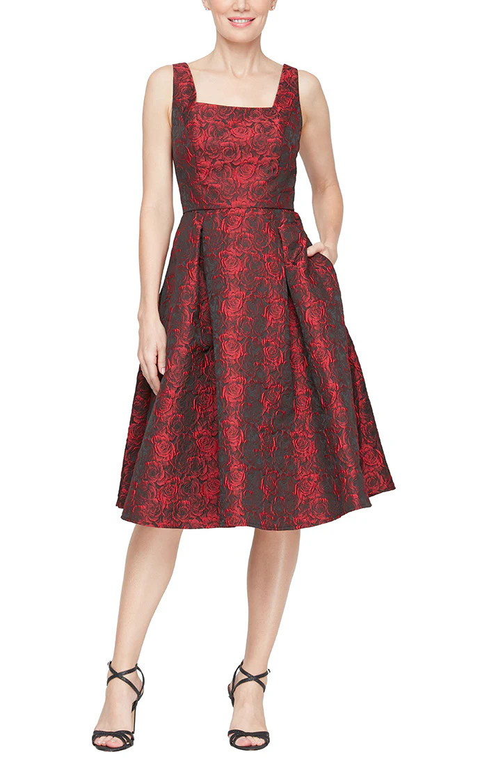 Midi Printed Jacquard Dress with Square Neckline &amp; Full Skirt | Alex Evenings