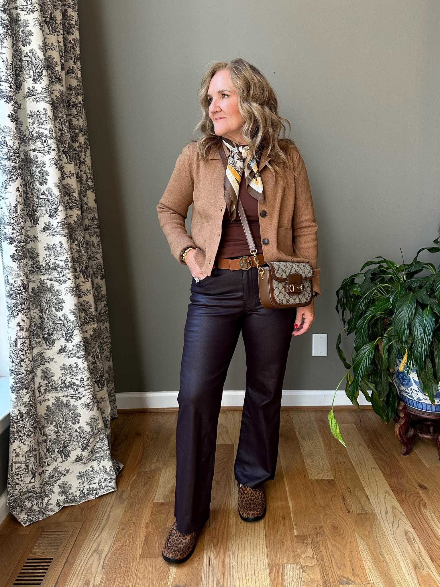 Coated denim jeans by kut from the Kloth. They are a deep eggplant color and have great stretch. An excellent option to faux leather. I’m wearing my regular size, a 10. 

Sweater lady jacket size medium 
Amazon long sleeve tee size up 2! Wearing an XL 

AMAZON fashion faux leather pants purple jeans 

#LTKxPrimeDay #LTKOver40 #LTKMidsize