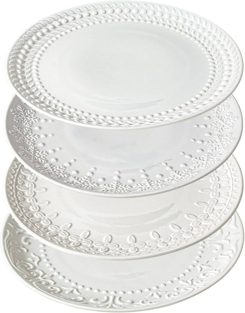 Large Dinner Plates Set of 4-10.75 Inch Ceramic Plates Embossed Salad Plates Modern White Round S... | Amazon (US)