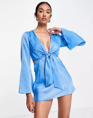 ASOS DESIGN Satin tie front mini dress with fluted sleeves in blue | ASOS (Global)