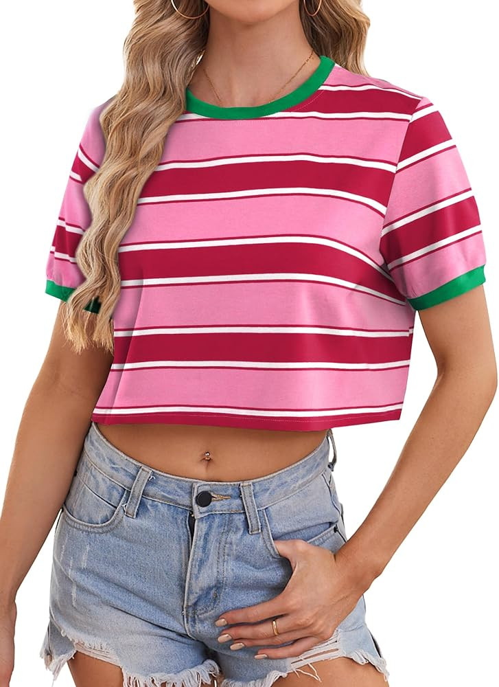 LilyCoco Womens Striped T Shirt Cotton Crop Short Sleeve Crew Neck Summer Tshirts | Amazon (US)