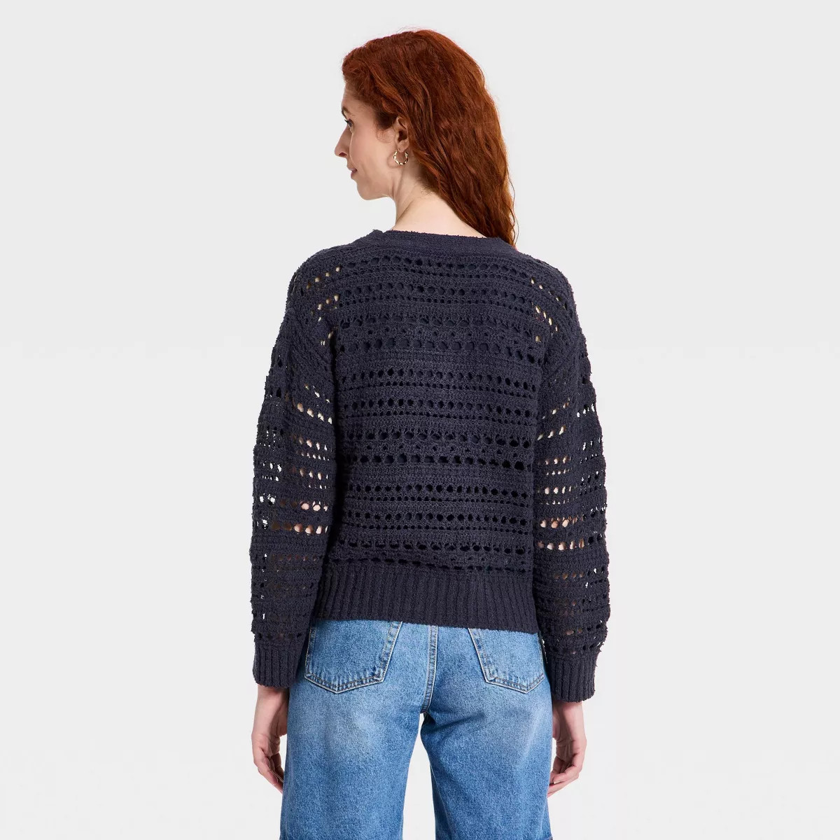 Women's Openwork Cardigan Sweater - Universal Thread\u2122 Navy Blue M | Target