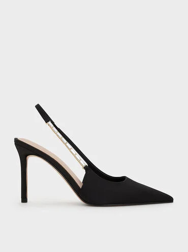 Satin Embellished-Strap Pointed-Toe Slingback Pumps
    
         - Black Textured | Charles & Keith US