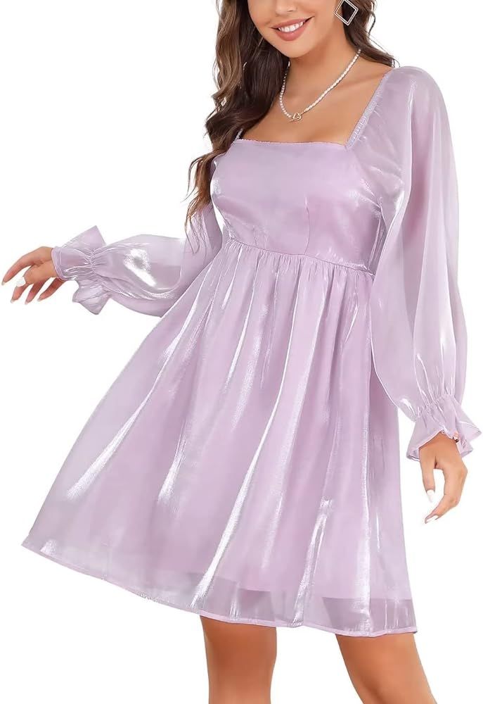 KOJOOIN Womens Puff Sleeve Square Neck Puffy Dress Babydoll Mesh Mini Dress | Amazon (US)