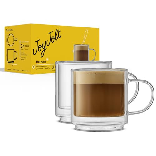 JoyJolt Haven Stackable Double Wall Glass Mugs, Set of 2 (13.5oz) Insulated Coffee Cups, Double Wall Glass Coffee Cups, Tea Cups, Latte Cups, Cappuccino Cups, Clear mugs set of 2 | Amazon (US)