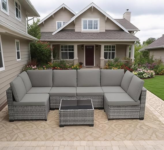 MOCHITO 7 Pieces Outdoor Patio Furniture Sets, All-Weather Sectional Sofa Grey PE Rattan Wicker C... | Amazon (US)