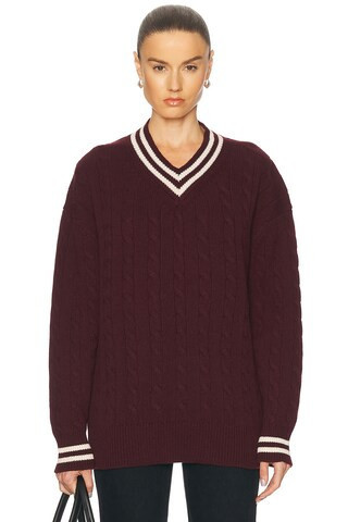 &Daughter Slouchy Cricket V-Neck Cable Sweater in Burgundy & Ecru - Burgundy. Size XS (also in S, M, L). | FWRD 