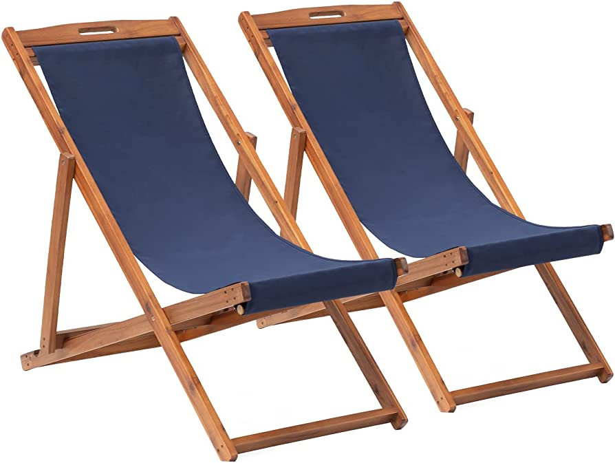 2 Set Outdoor Wooden Patio Lounge Chair Beach Sling Chair Set Height Portable Reclining Beach Cha... | Amazon (US)