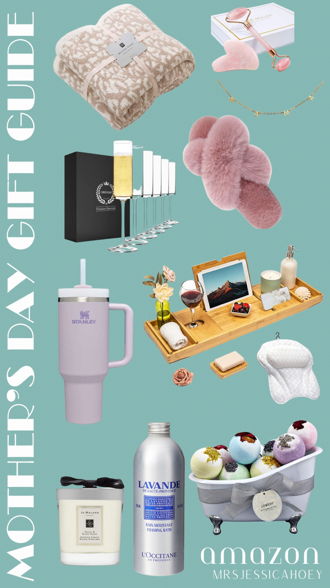 Square champagne flute glasses set of 6. Women’s fuzzy slippers. Stanley tumbler. Jo Malone scented candle. Lavender bath milk soap. Lavender Bubble Bath by L'Occitane. Ultra Soft Leopard Throw Blanket. Jade face roller. Bamboo Bathtub Tray. Mother’s Day women’s bath bomb. Mama necklace. Mother’s Day gift guide. 🤎

#LTKFind #LTKunder50 #LTKGiftGuide