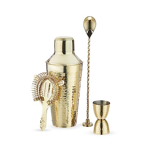 Twine 4-Piece Gold Hammered Cocktail Shaker Set Includes Cobbler Shaker, Strainer, Jigger, Bar Spoon for Classic Cocktails, Mixed Drinks, Cold Brew, Home Bar Tools, Bartender Kit, Bar Cart Accessories | Amazon (US)