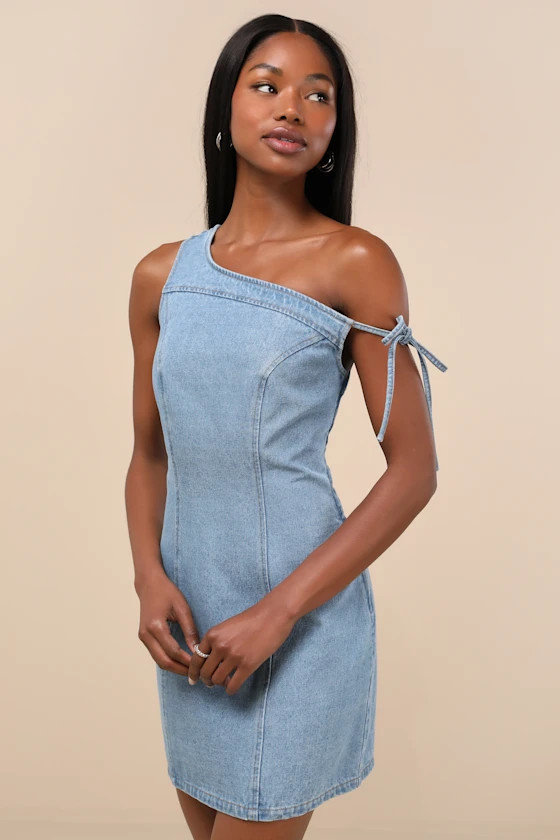 Selia Light Wash Denim One-Shoulder Mini Dress | Lulus