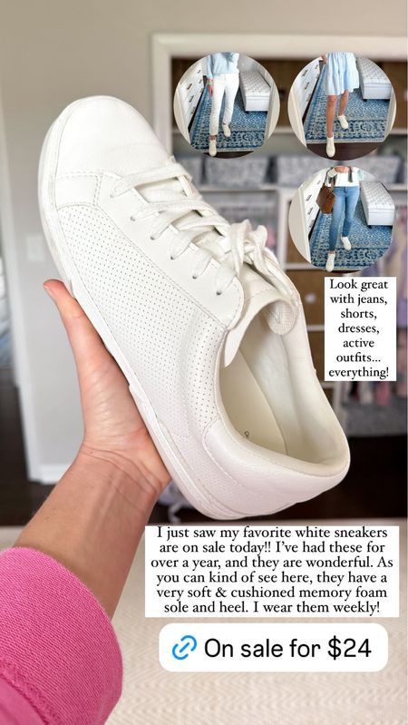 Favorite white sneakers from Target on sale for only $24 today!! These have a super cushioned memory foam interior and heel, making them very comfortable. I’ve had these for over a year and love them! I wear them with everything - jeans, shorts, skirts, dresses. 

Fits TTS, if between sizes you might size up for comfort, but overall very TTS

Target style, target find, affordable shoes, tennis shoes, sneakers 

#LTKfindsunder50 #LTKshoecrush #LTKsalealert