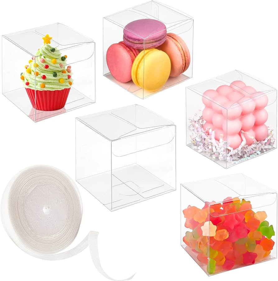 45 Pack 3x3x3 Inches Clear Favor Boxes with Ribbons, Transparent Plastic Cube Treat Boxes for Can... | Amazon (US)