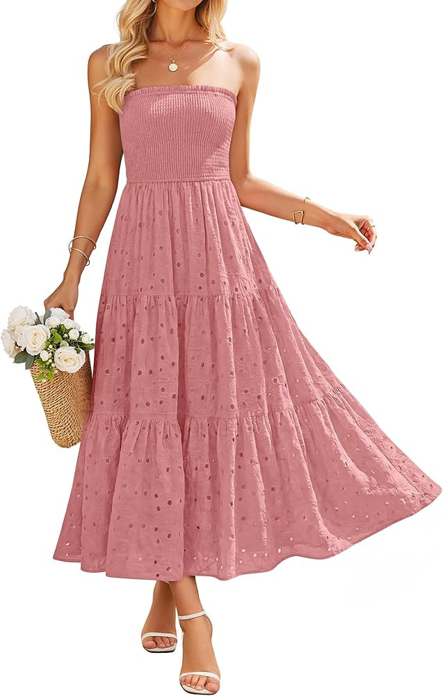 ZESICA Womens 2026 Summer Boho Strapless Midi Dresses Off Shoulder Smocked Eyelet Wedding Guest B... | Amazon (US)